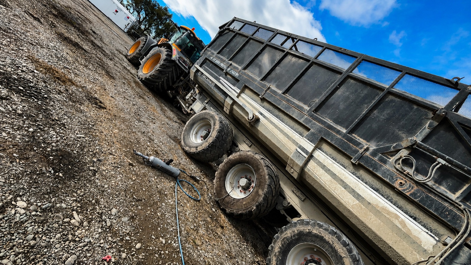 Silage trailer up on the jack for tyre repairs